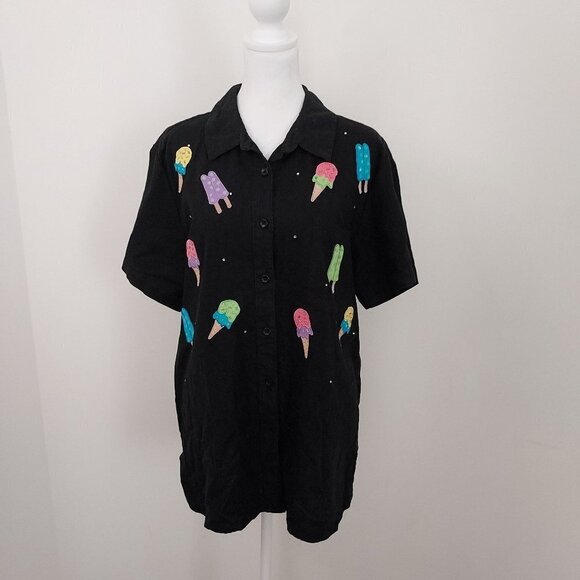The Quacker Factory Tops - Vinta Quacker Factory Linen Blend Short Sleeve Black Ice Cream Embroidered Shirt